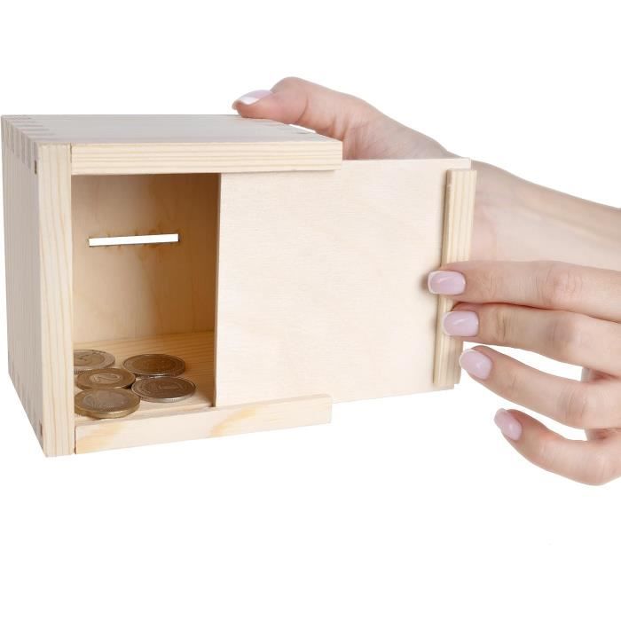 Tirelire en Bois de Pin Brut - CREATIVE DECO - Carré - Petite Monnaie - 9,5 x 9,5 x 9 cm