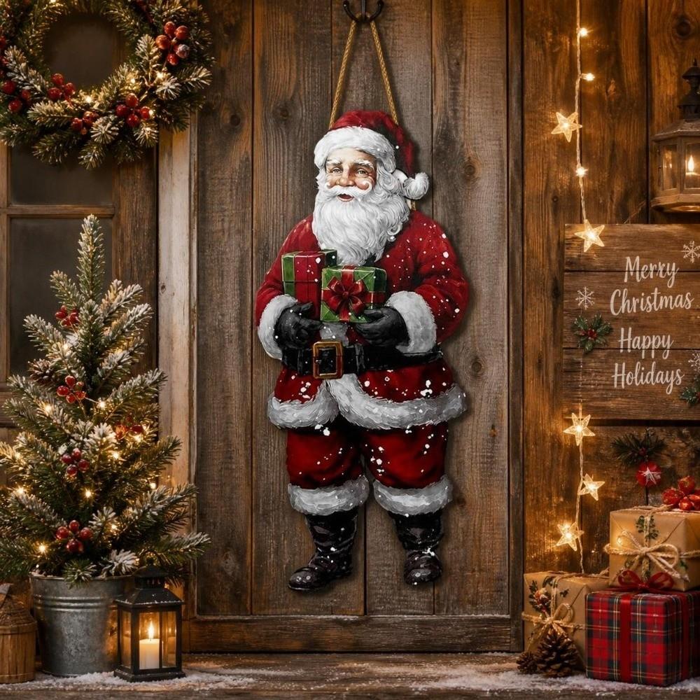 Wooden Door Hanging Sign Santa Claus Ornament Xmas Decorative Board Retro Wall Decoration Home