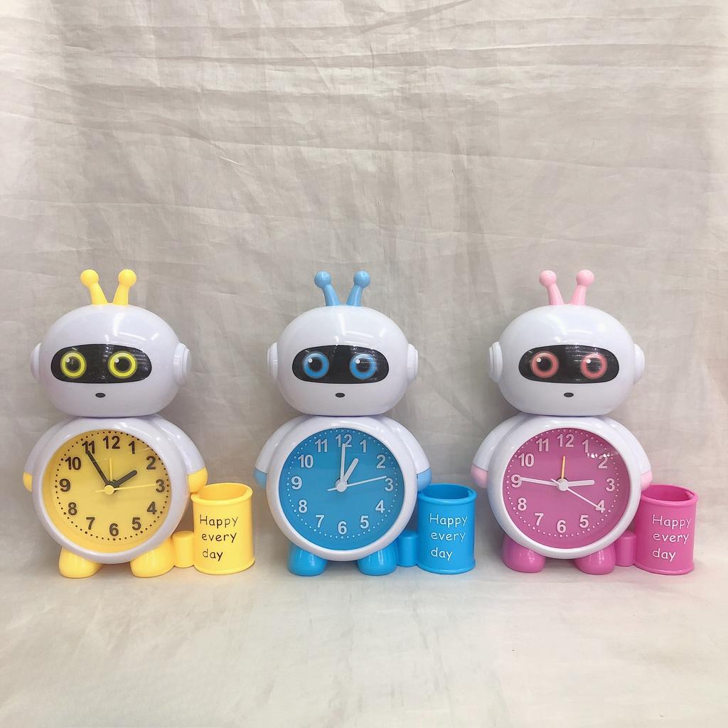 Cute Children's Small Alarm Clock Robot Desktop with Pen Holder Children's Bedside Wake Up Cartoon Small Alarm Clock Student