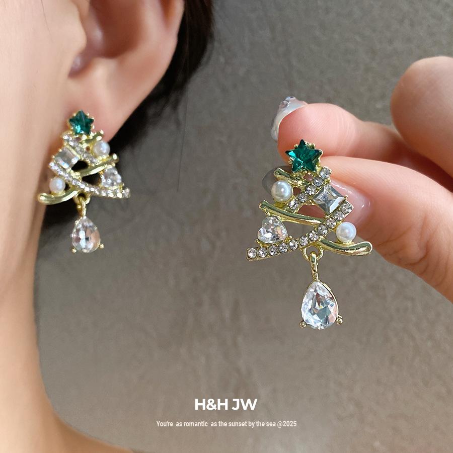 Silver Needle Christmas Tree Diamond Pearl Stud Earrings New Fashion Earrings Niche Design Christmas Earrings