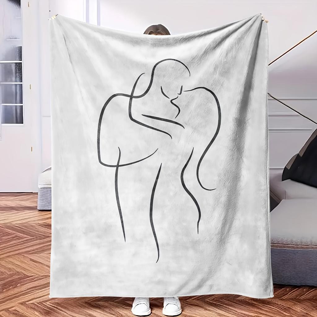 A Black and White Drawing of Couple Hugging.-Themed Blanket - Comfortable Flannel Fabric Hypoallergenic Suitable for All Seasons -