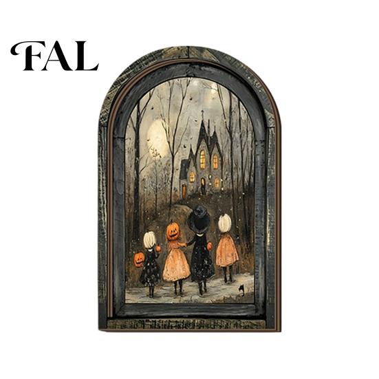 Spooky Gothic Room Decor Halloween Arched Wooden Wall Decor, Ghost Cat Hanging Ornament, Distressed Atmosphere Home Accents Tabletop Plaque,