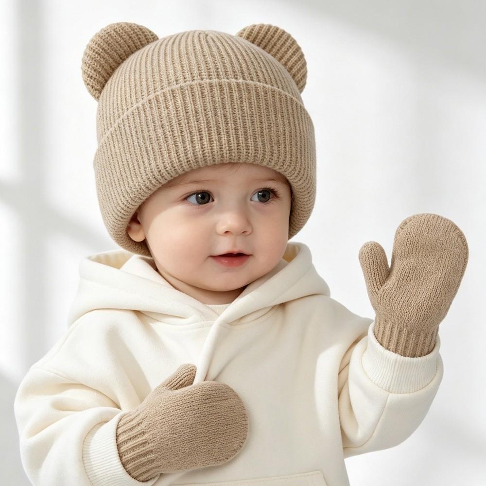 Knitted Children's Winter Hat Warm Knitted Hat Glove Set Cute Bear Ear Earflap Hat Winter