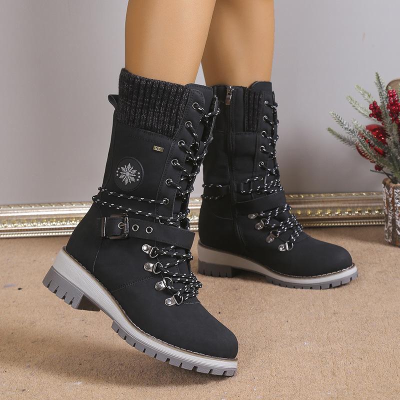 Winter Outdoor Shoes for Women Side Zip Women's Mid-Calf Boots Square Heel Casual Women's Shoes Med Heel Ladies Boots
