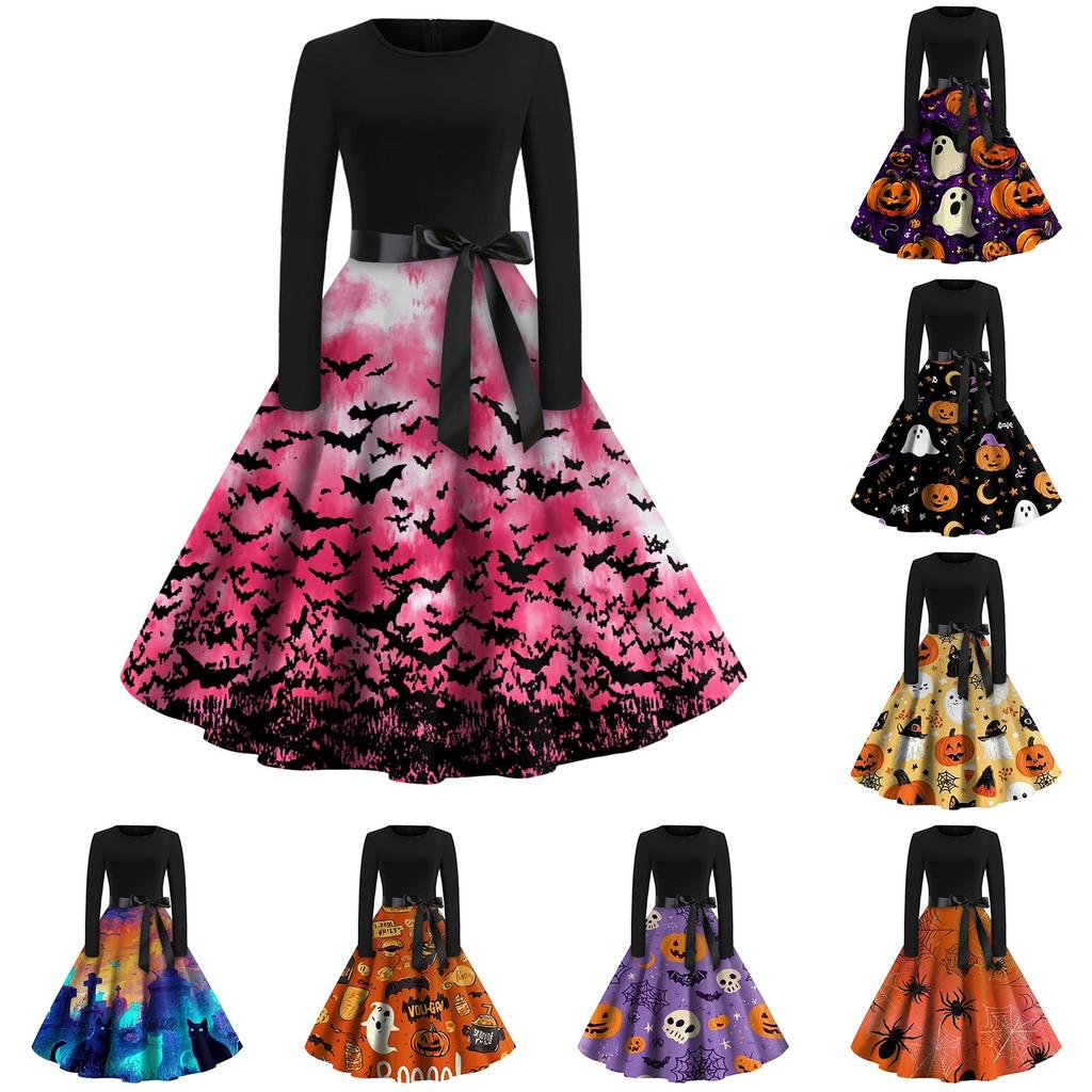 Women's Casual Fashion Halloween Printed Round Neck Vintage Dress