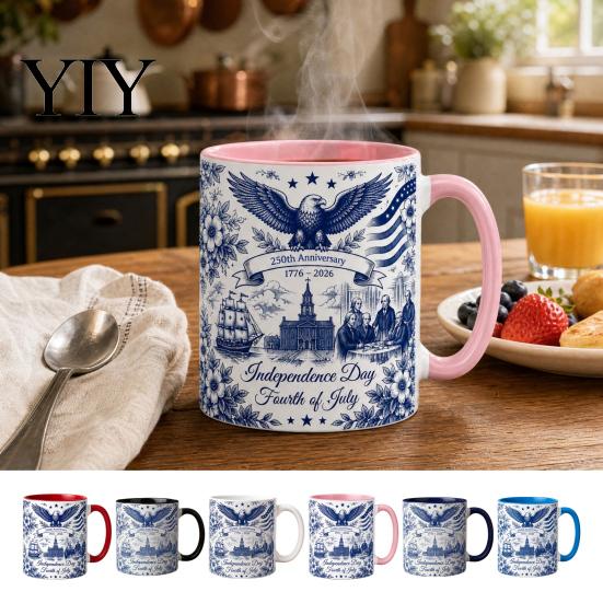 Stars And Stripes Mug USA 250th Anniversary Blue Mug, Patriotic Ceramic Coffee Cup with Eagle Flag Design, Independence Day Gift for Veterans