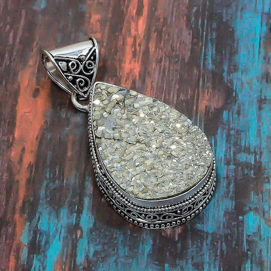 Pyrite Druzy Gemstone 925 Sterling Silver Handmade Замечательный ювелирный кулон