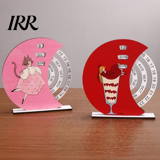 Childlike Girl Illustration Calendar Wooden Perpetual with Rotating Blocks Desktop Office Decor Desk Art Ornament Organizer Cute Motivational Gift for