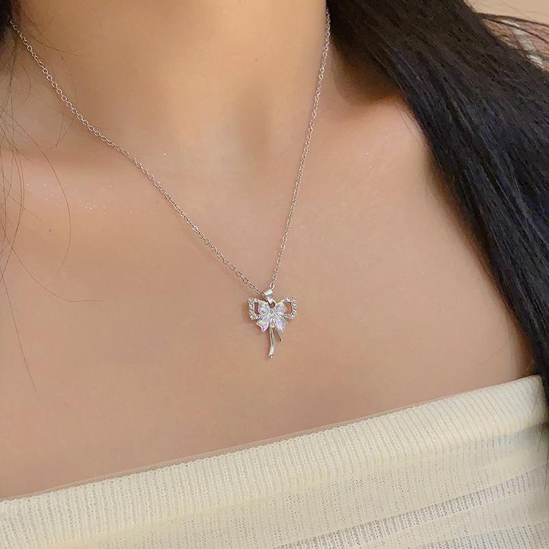 Exquisite Clavicle Chain Elegant Colorful Bow Pendant Necklace for Women Girl Temperament Collar Chain Korean Student Daily Wear