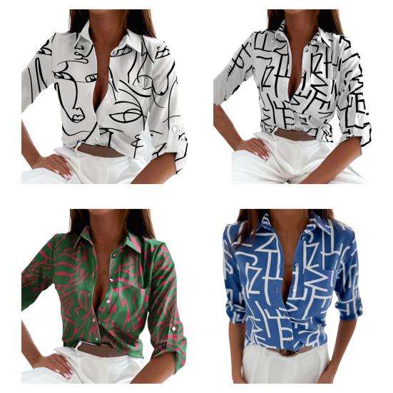 Women Summer Shirt Lapel Long Sleeve Shirt Geometric Pattern Slim Fit Tops Single Breasted Shirt Streetwear