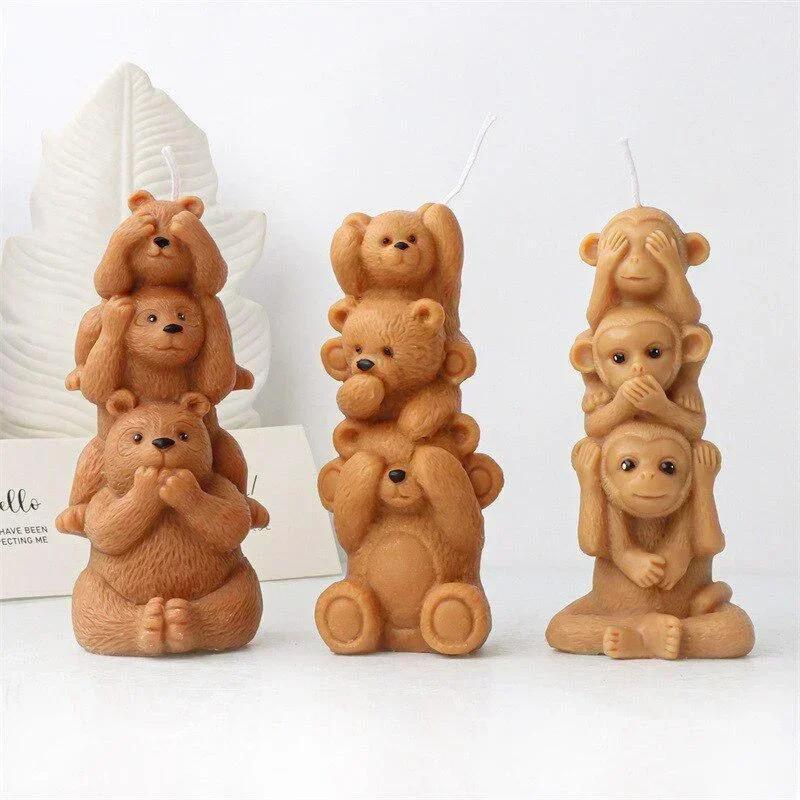 3D Handmade Diy Monkey Bear Shape Silicone Candle Mold Family of Three Overlapping Animals Resin Molds DIY Crafts Home Decor