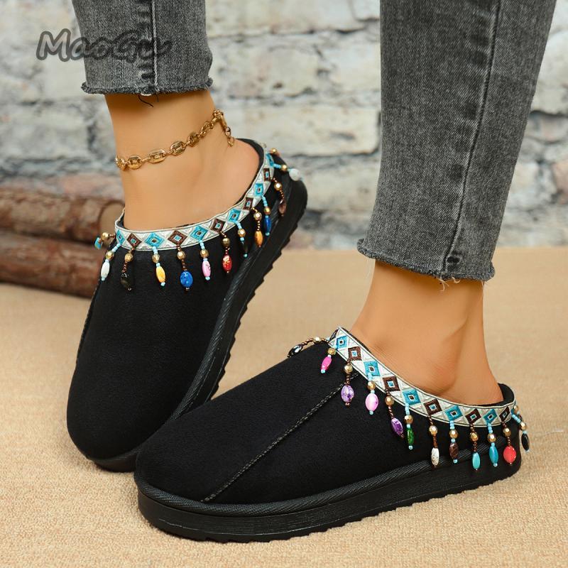 Fashion Bohemia Fringed Decoration Cotton Slippers Women 2025 Winter Comfort Thick Bottom Non Slippers Warm Short Plush Slides Size36-44
