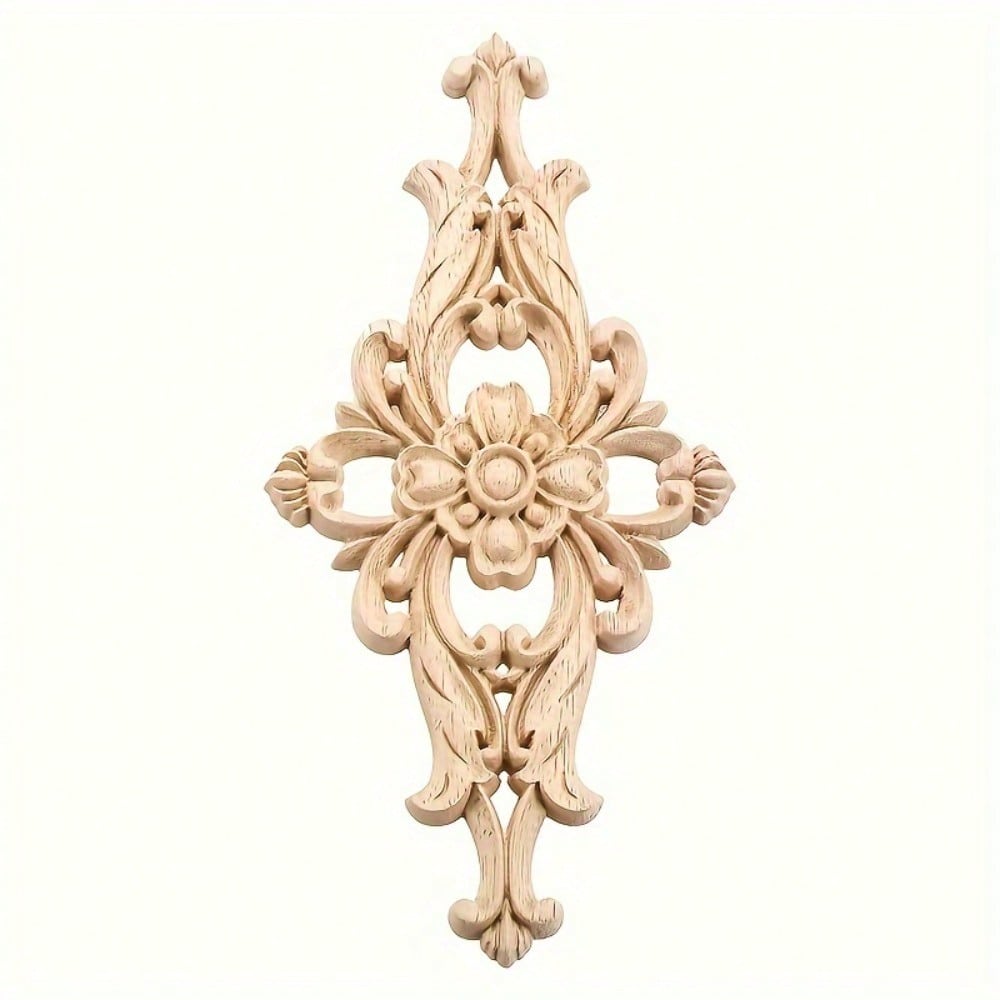 1pc Wood-Carved Furniture Appliques Onlays, Unpainted Center Carving Decal For Door Wall Ceiling Cabinet Dresser Decoration