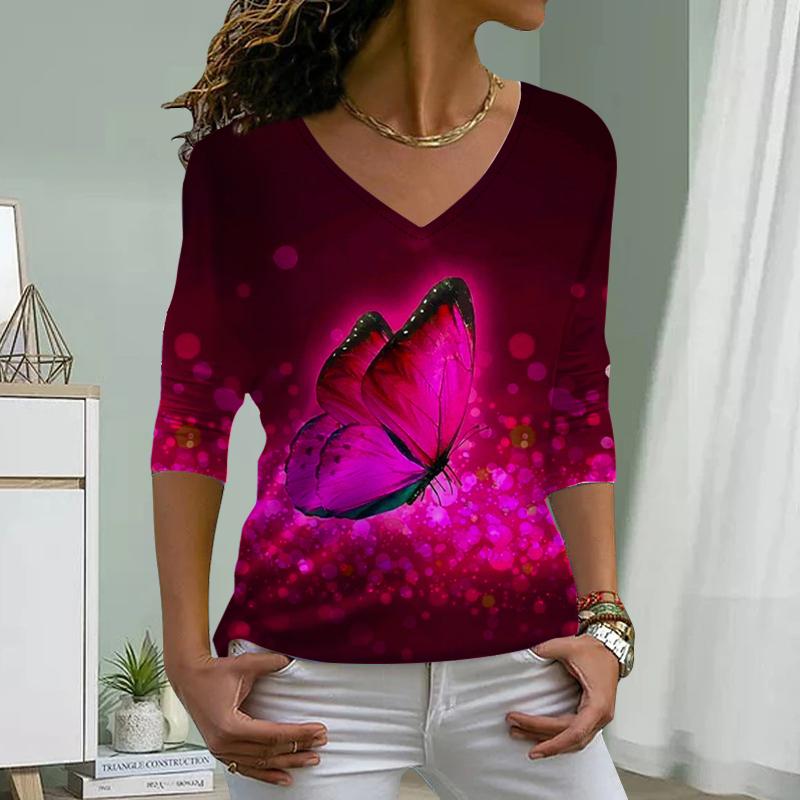 Fluorescent Butterfly Print Women Tshirts Ladies Tops Long Sleeve V-neck Pullover Femme T-shirts T Shirt For Women