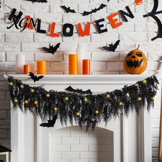 Dark Aesthetic Party Backdrop Props Halloween Lighted Creepy Vine Garland with LED Lights, Black Faux Twig for Mantle Decorative Vines Mantelpiece