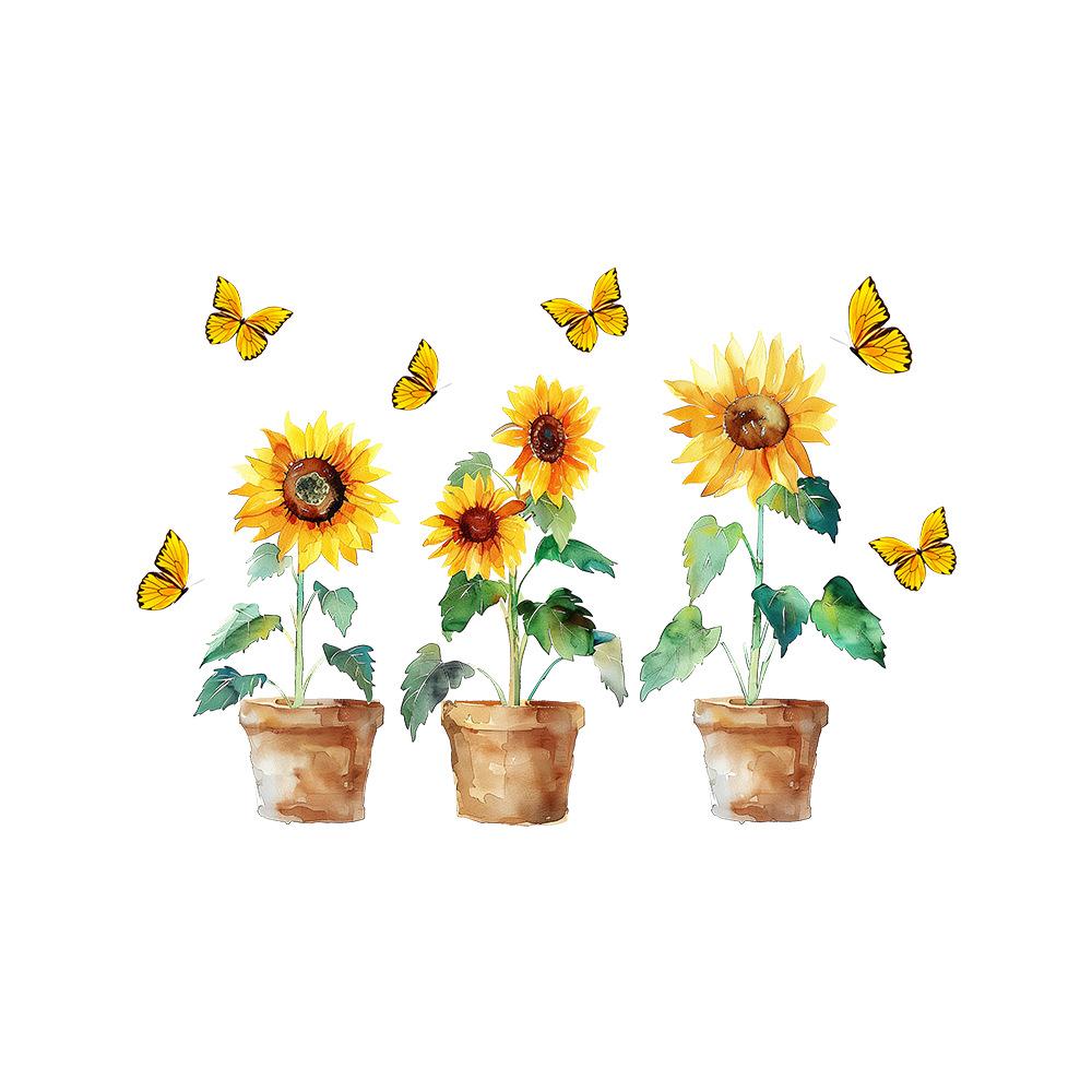 Removable Sunflower Potted Butterfly Wall Sticker For Bedroom Living Room Foyer Home Background Decoration Self-adhesive 3