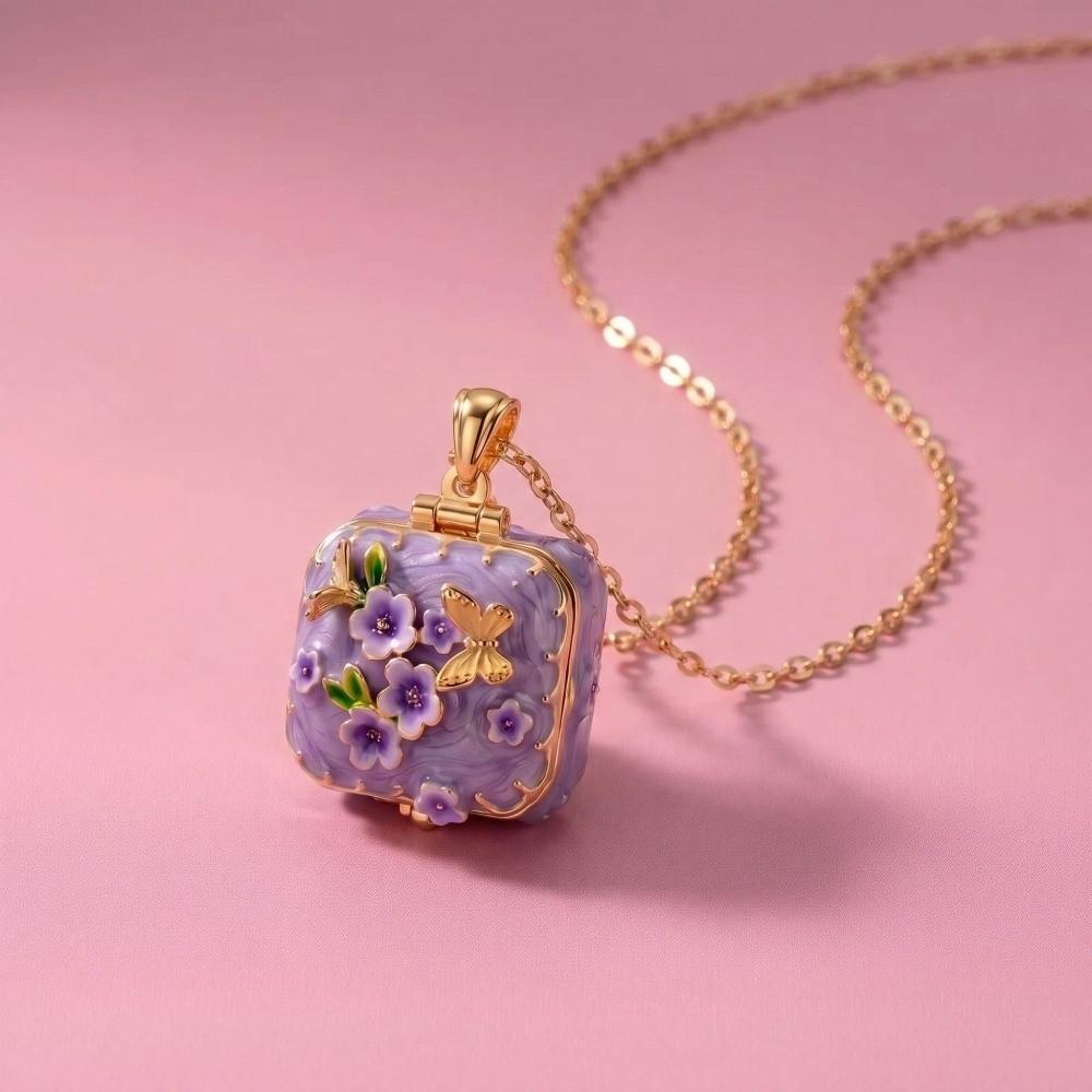 Vintage Enamel Pendant Necklace Floral Butterfly Openable Box Chain Square Locket Necklace  Women