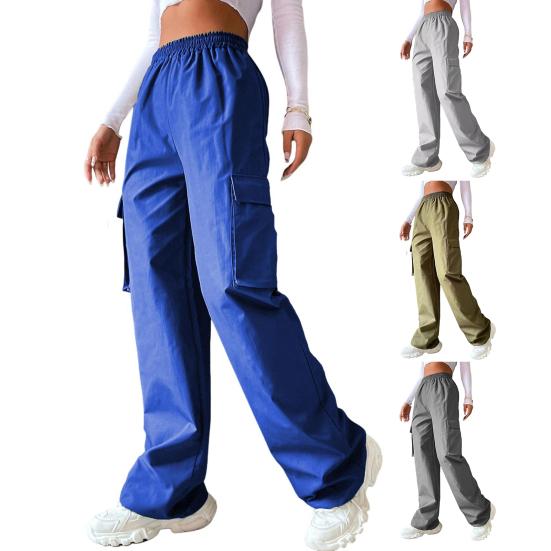 Women Cargo Pants Elastic Waist Wide Leg Solid Color Trousers Casual Joggers Sweatpants with Side Flap