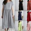 Medium Length Skirt Short Sleeved Solid Color Loose Casual Cotton and Linen Dress for Women