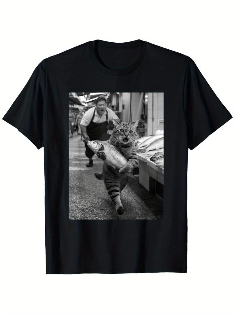 Funny Cat Steals Fish Market Black & White Meme T-Shirt | Unisex | 100% Cotton