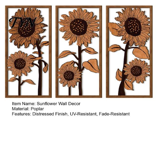 Vertical Triptych Set 3Pcs Vintage Sunflower Wooden Wall Decor, Farmhouse Cutout Wood Floral Sculpture Art, Rustic Hanging Ornament for Living