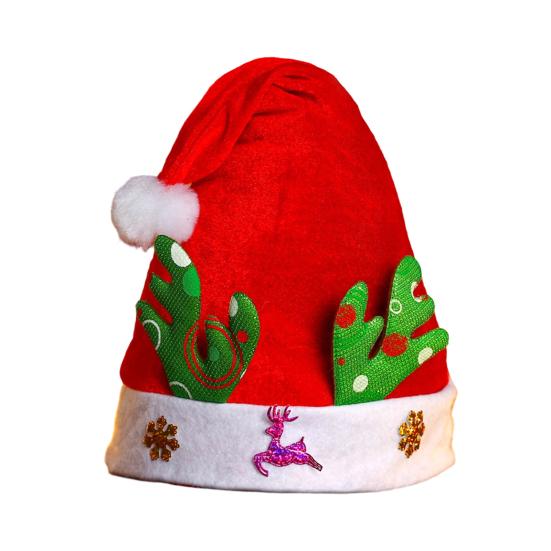 Christmas Hat Children Red Velvet Santa Hat with Cartoon Antler Pattern Decoration Festive Holiday Party Supplies