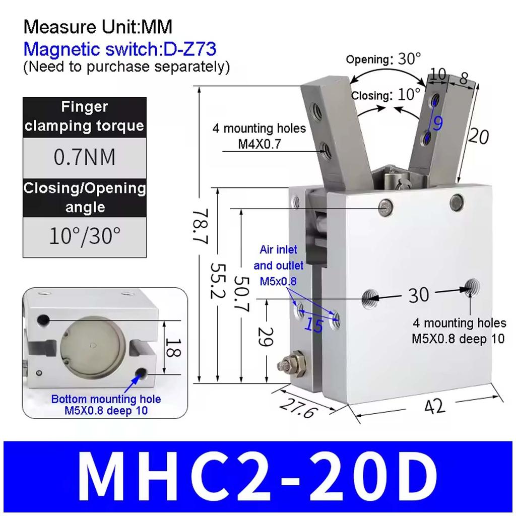 Angular Type Air Gripper Claw Pneumatic Cylinder Robot Gripper Double Action MHC2-10D MHC2-16D MHC2-20D MHC2-25D MHC2-32D