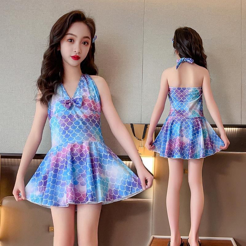 Детская мода Купальники Русалка Подростковое платье для плавания с открытой спиной и лямкой для девочек Летний пляжный купальный костюм Цельный купальный костюм с горячими источниками для детей