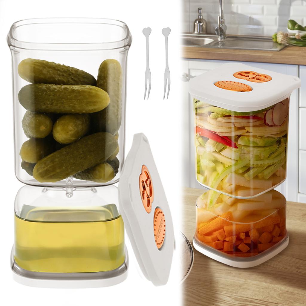 34oz Pickle Flip Jar with Strainer Square Pickle Container with 2 Fork and Timer Recorder Food Storage Container for Gherkins