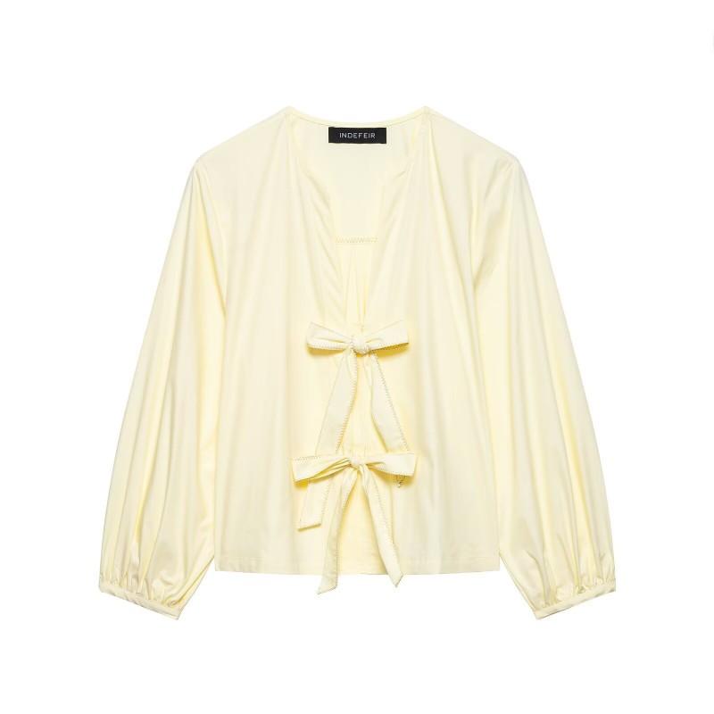 Womens Loose Fit Striped Round Neck Shirt With Bow Detail Casual Top