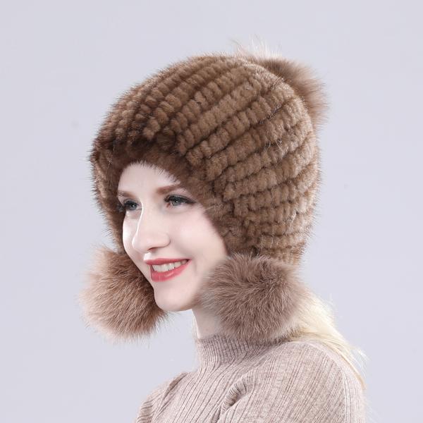 Women Winter Thick Real Mink Fur Hat with Fox Fur Pompoms Knitted Natural Fur Cap Lady Outdoor Warm 100% Real Mink Fur Hats