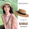Women's Flat Top French Straw Fedora - Large Brim Summer Sun Hat for Beach Vacation 2025