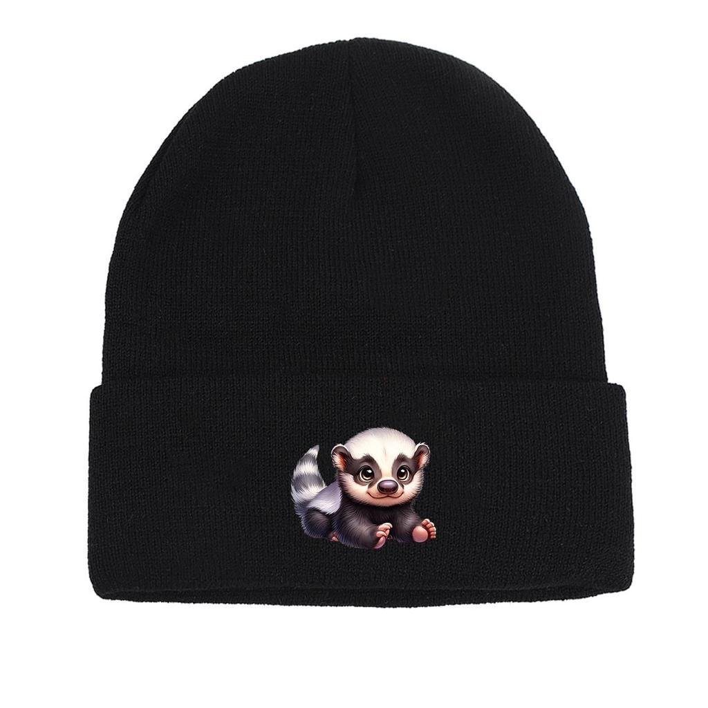 White Head Badger Print Knitted Cap Beanie, Animal Skull Cap Cuff Fit Stylish Bobble Hat Knit Hat Beanie