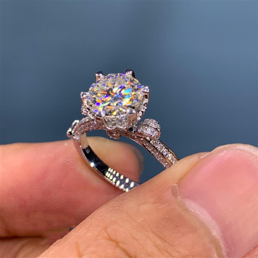 PT950 Plated White Gold Moissanite Open Ring Floral Bud Crown Style 6 Prong Womens Jewelry