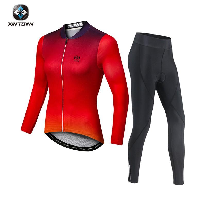Womens Fleece Cycling Set Winter Warm Long Sleeve Bike Jacket Pants