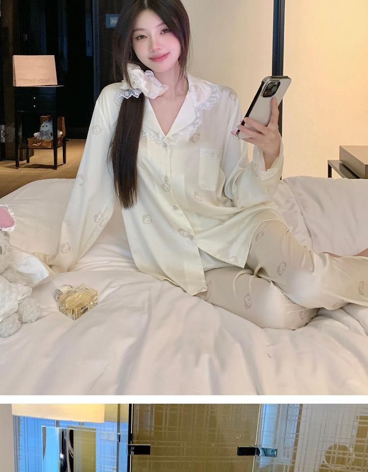 2025 Women's Ice Silk Pajama Set: Cute Kitty, Long-Sleeve for Spring and Autumn