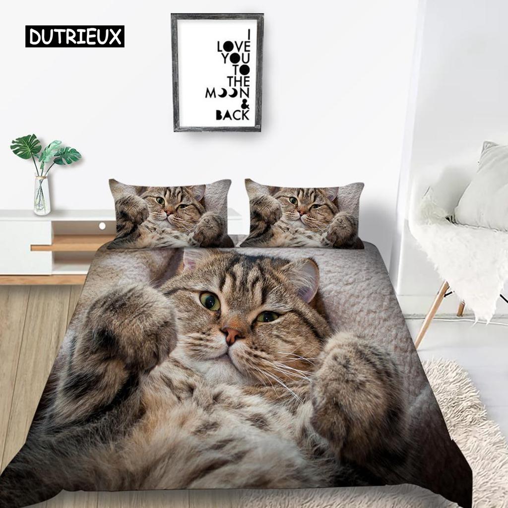 Комплект постельного белья с рисунком кота размера King Size из микрофибры с милым принтом животных для девочек-подростков и детей, комплект постельного белья с рисунком милой кошечки