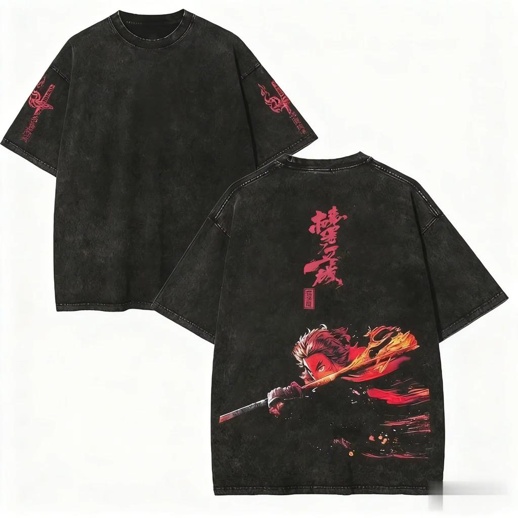 Vintage Washed Demon Slayer Anime Graphic T Shirt Men Women Cotton Short Sleeve Tee Streetwear Casual Tops Yk Clothes