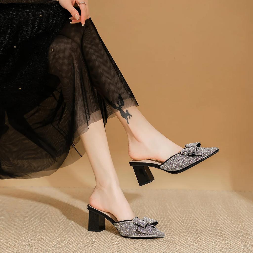 2024 New Summer Baotou Half Slippers Women's Pointed Toe High-heeled Mules Sandals Woman Rhinestone Bow-knot Wedding Party Pumps