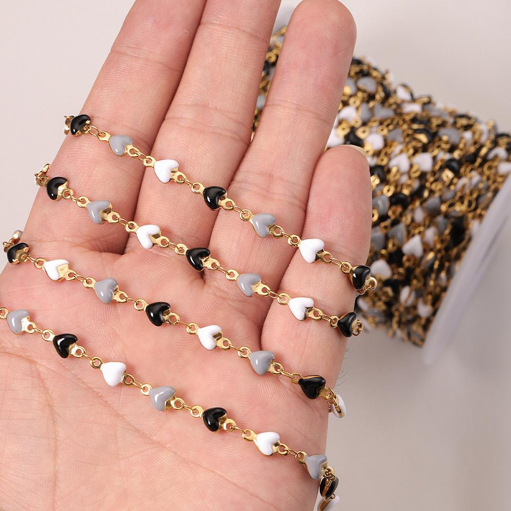 1meter Stainless Steel Enamel Black White Gray Love Heart Beads Chains for Necklace Bracelet Sweater Jewelry Making DIY