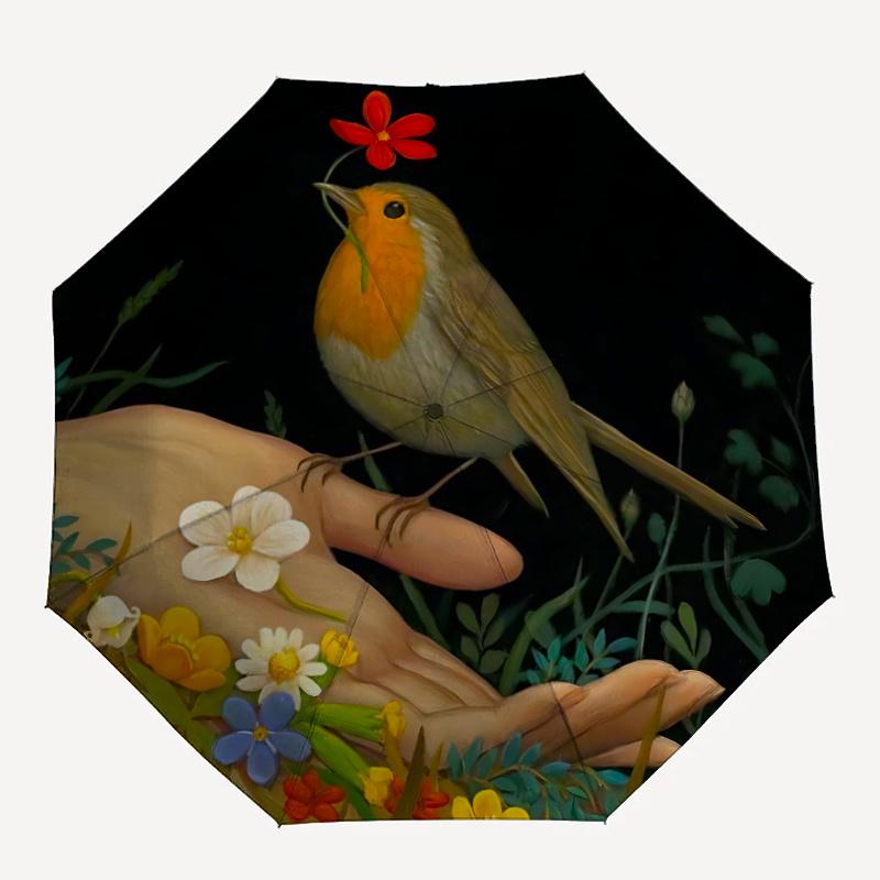 1pc Bird Flowers Automatic Open/close Umbrella, 8-Rib sturdy structure, Portable Travel Umbrella, Parties, Everyday Use,38