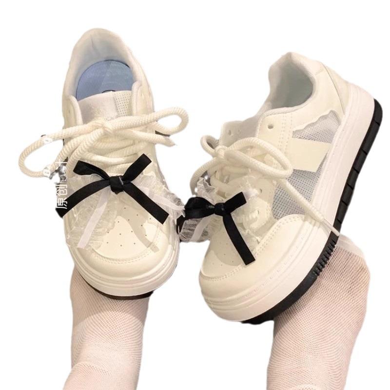 Оригинальные белые туфли с толстой подошвой и бантом, женские летние сетчатые дышащие туфли для сноуборда, модные универсальные туфли для студентов