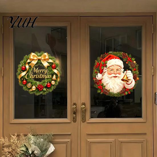 Festive Garland Decorations Christmas Wreath Window Stickers, Retro Santa Claus PVC Decals, Waterproof Decorative Seasonal Storefront Display