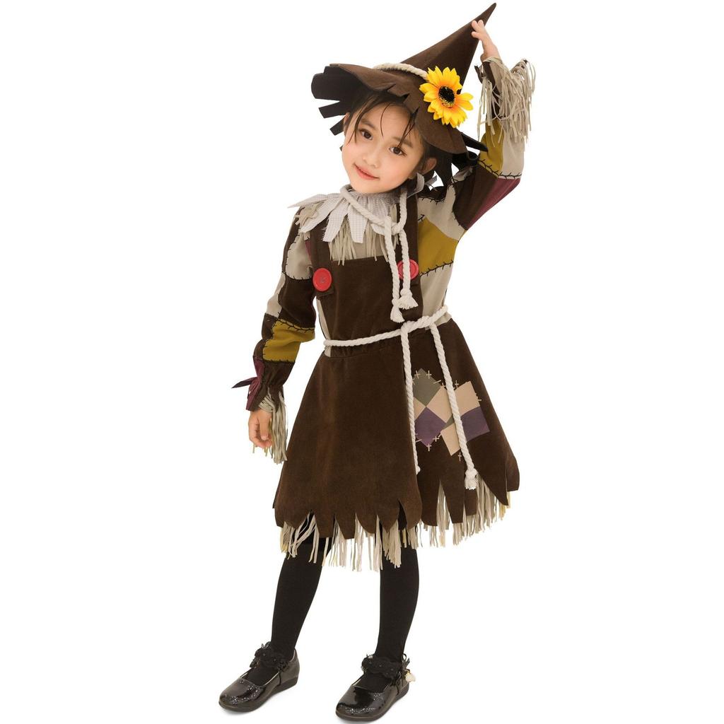 Kids Halloween Costume Little Scarecrow Princess Dress for Girls Kindergarten Stage Performance Wizard of Oz Outfit with Hat Accessories