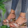 Women Sandals 2024 Heels Casual Shoes Women's Open Toe Summer Gold Shoes Square Female Ankle Strap Low Heels Footwear Woman