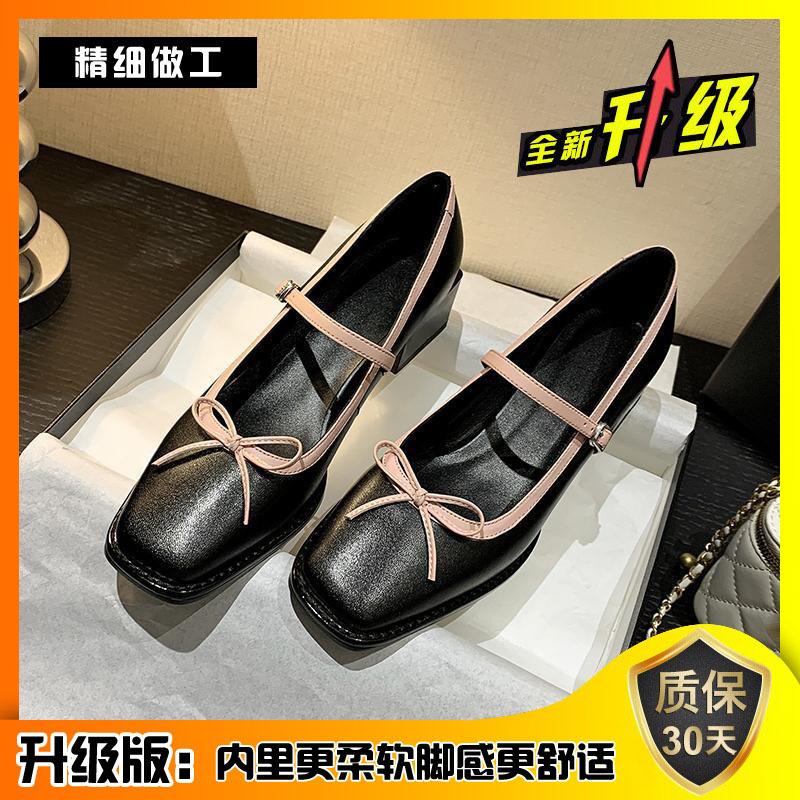 Осенние туфли с бантом женские с юбкой сказочные туфли одно слово с французским средним каблуком толстый каблук Мэри Джейн маленькие кожаные туфли