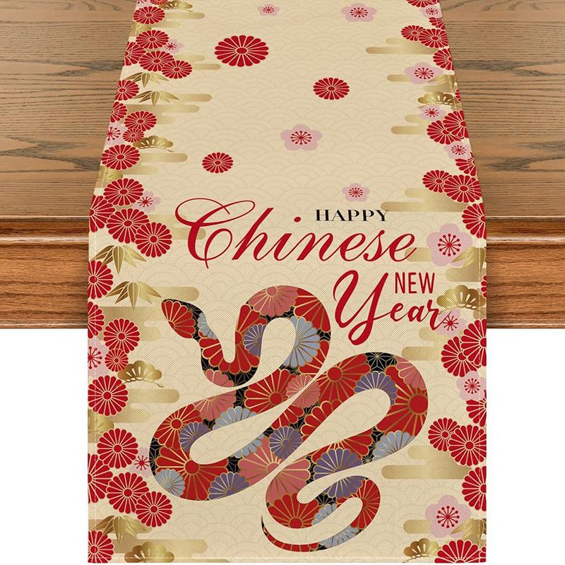 2025 Snake Year Table Runner Floral Snake Pattern Festival Party Decor Tablecloth Chinese Traditional New Year Table Covers