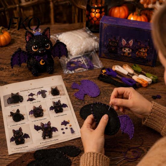 Animal Patchwork Craft Halloween Friends Kit, DIY Sewing Make 4 Kit Adorable Characters, for Beginners Handmade Gift Holiday Decor
