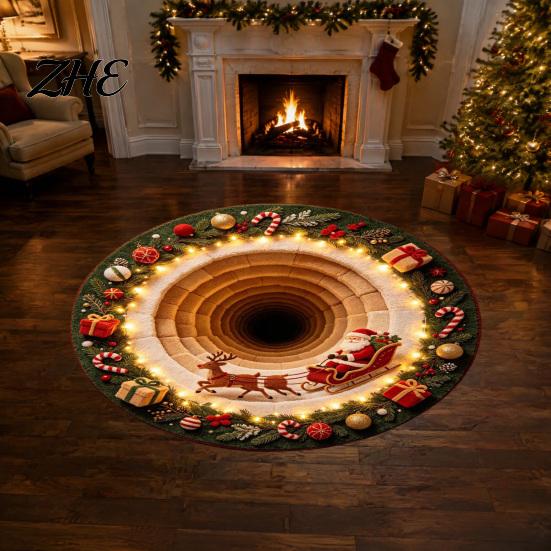 Non Slip Holiday Floor Decor Christmas Round Area Rug, 3D Visual Trap Mat with Santa Elk Print, Stylish Spiral Pattern Rugs Non-Slip Stain Resistant