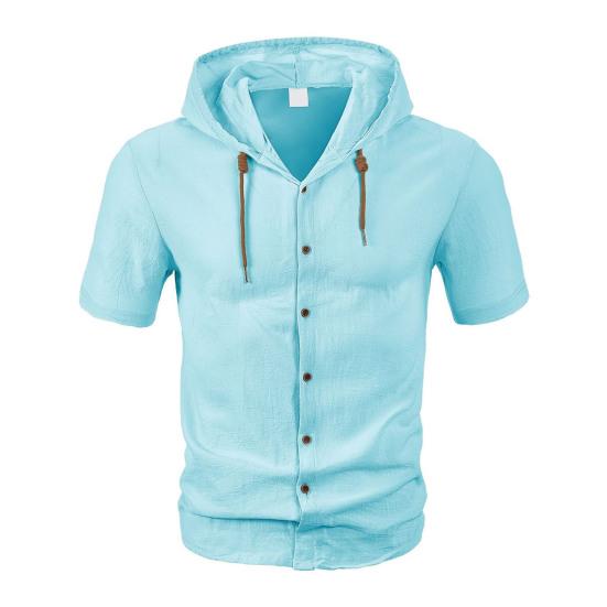 Men's Linen Hooded Shirt Solid Color Short Sleeve Shirt Loose Fit Button